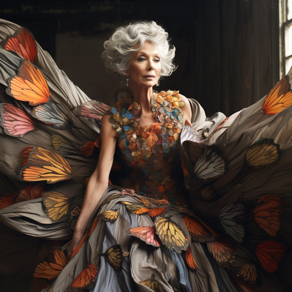 Fashion editorial of a stunning 60-year-old woman dancing