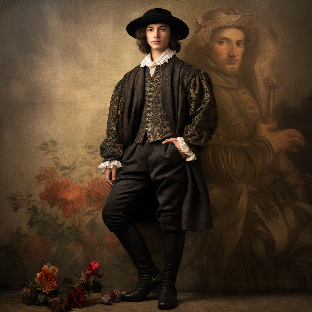 Confident 1500s Fashion Man with Mythical Creatures Background