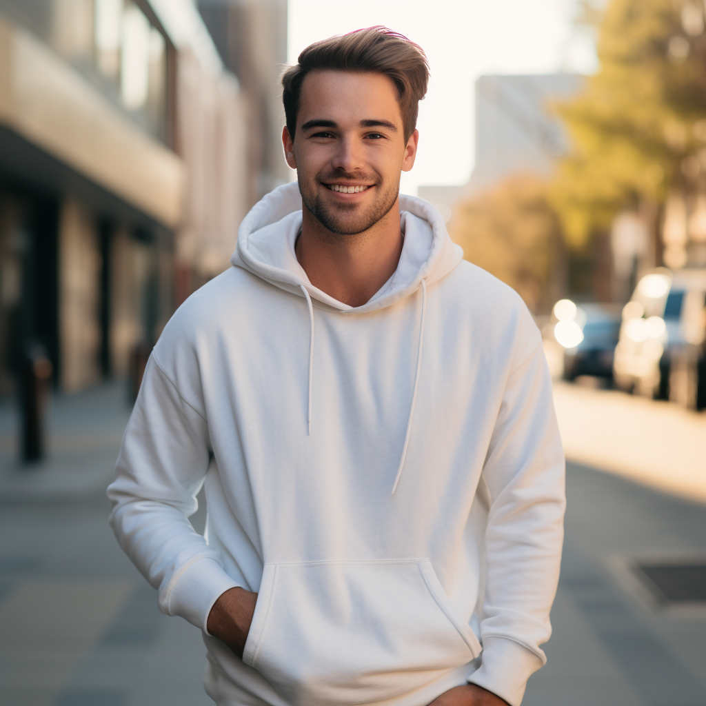 Smartly dressed man wearing blank white hoodie