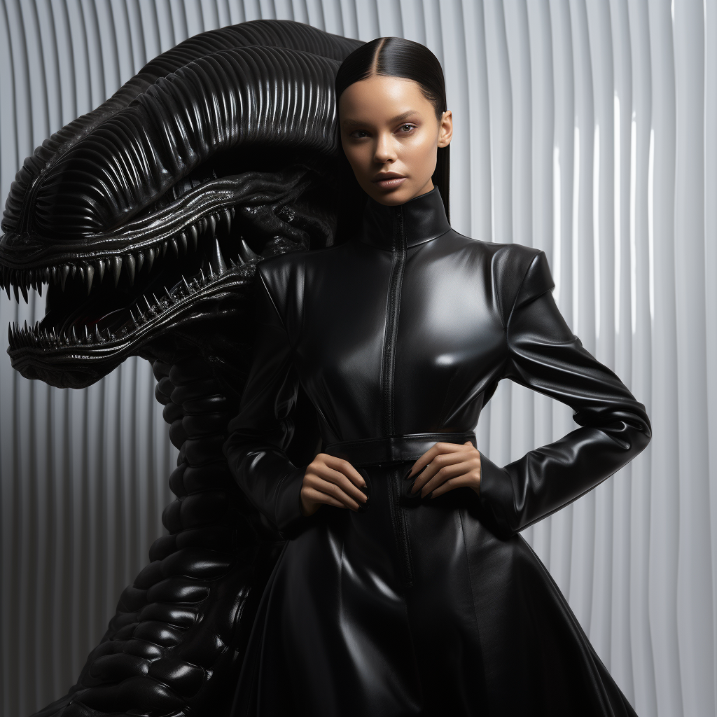 Fashion Model in Balenciaga Observing Xenomorph