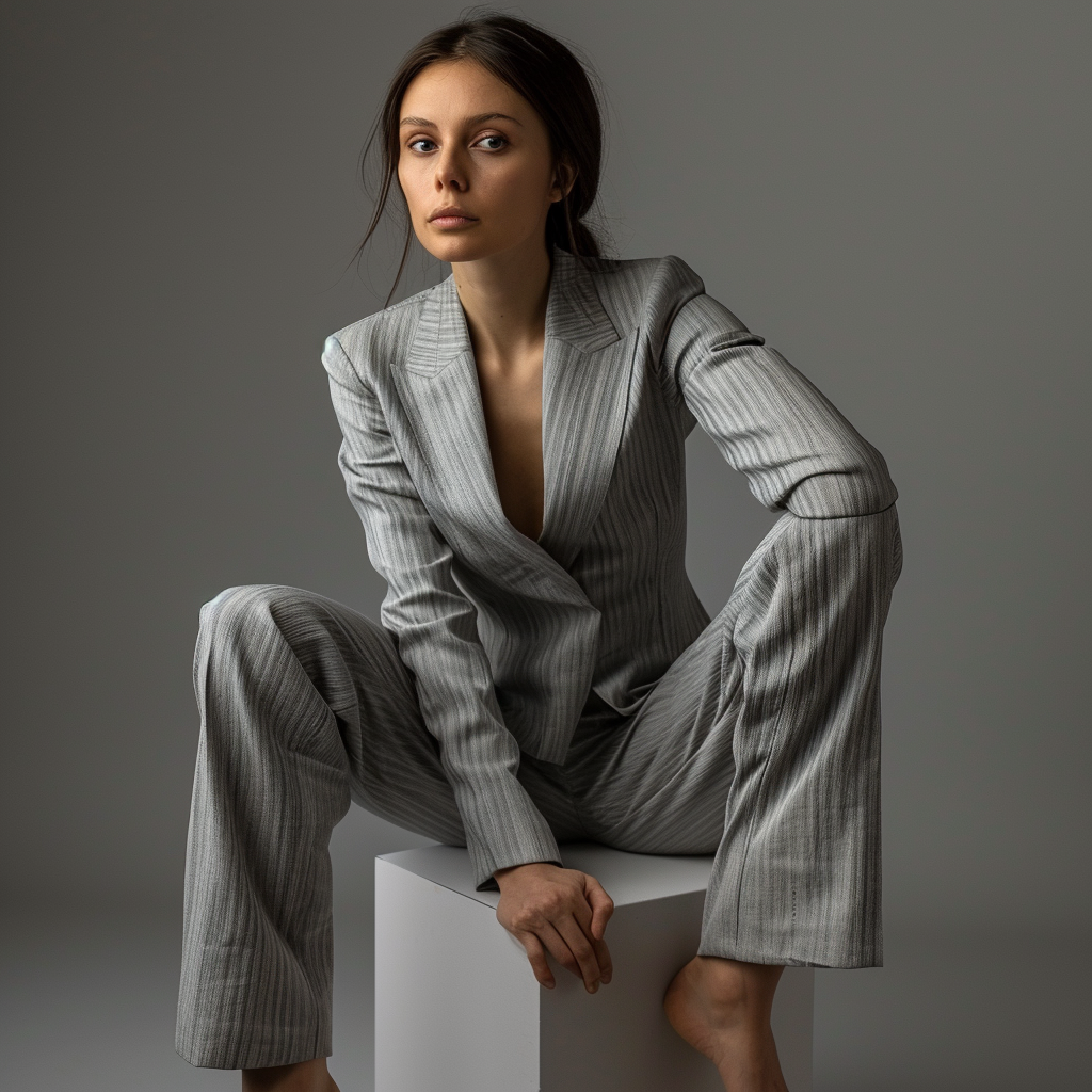 Fashion model in gray asymmetric suit