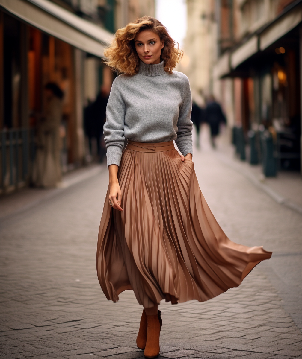 Woman in Pleated Midi Skirt and Oversized Sweater