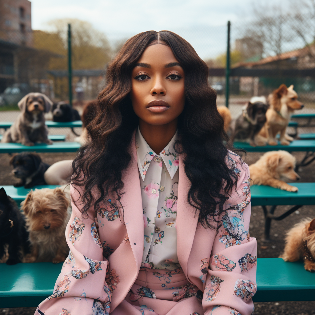 Fashionable black woman observing playful dogs