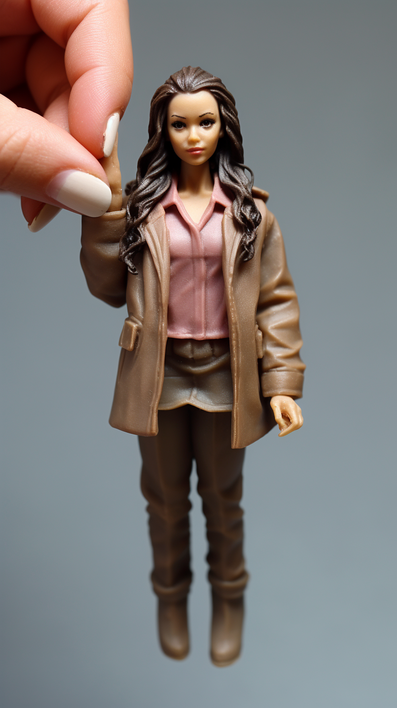 Hyper-realistic plastic female figurine in a fashionable coat