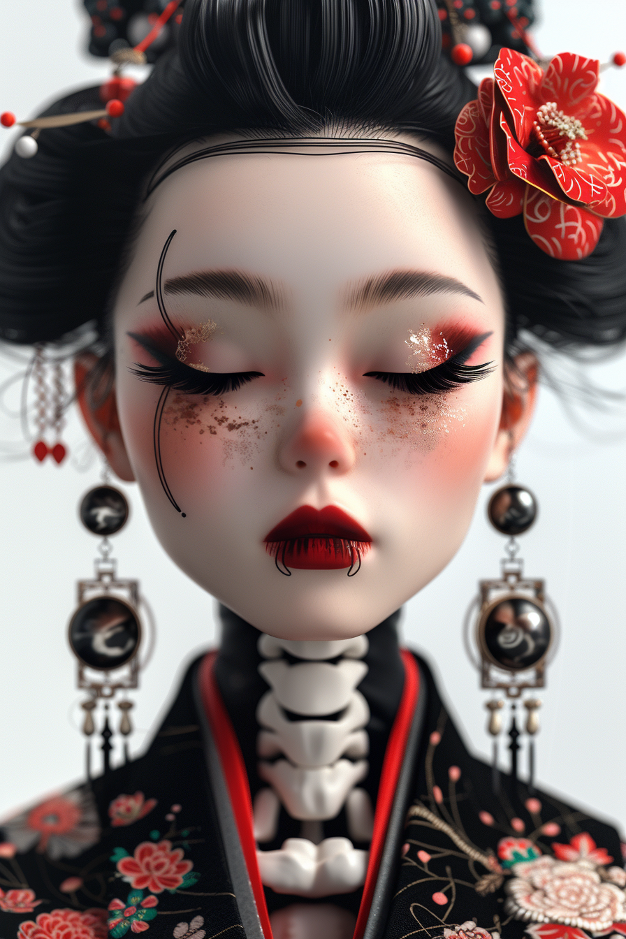 Fashionable Geisha with Skull - Cartoon Style