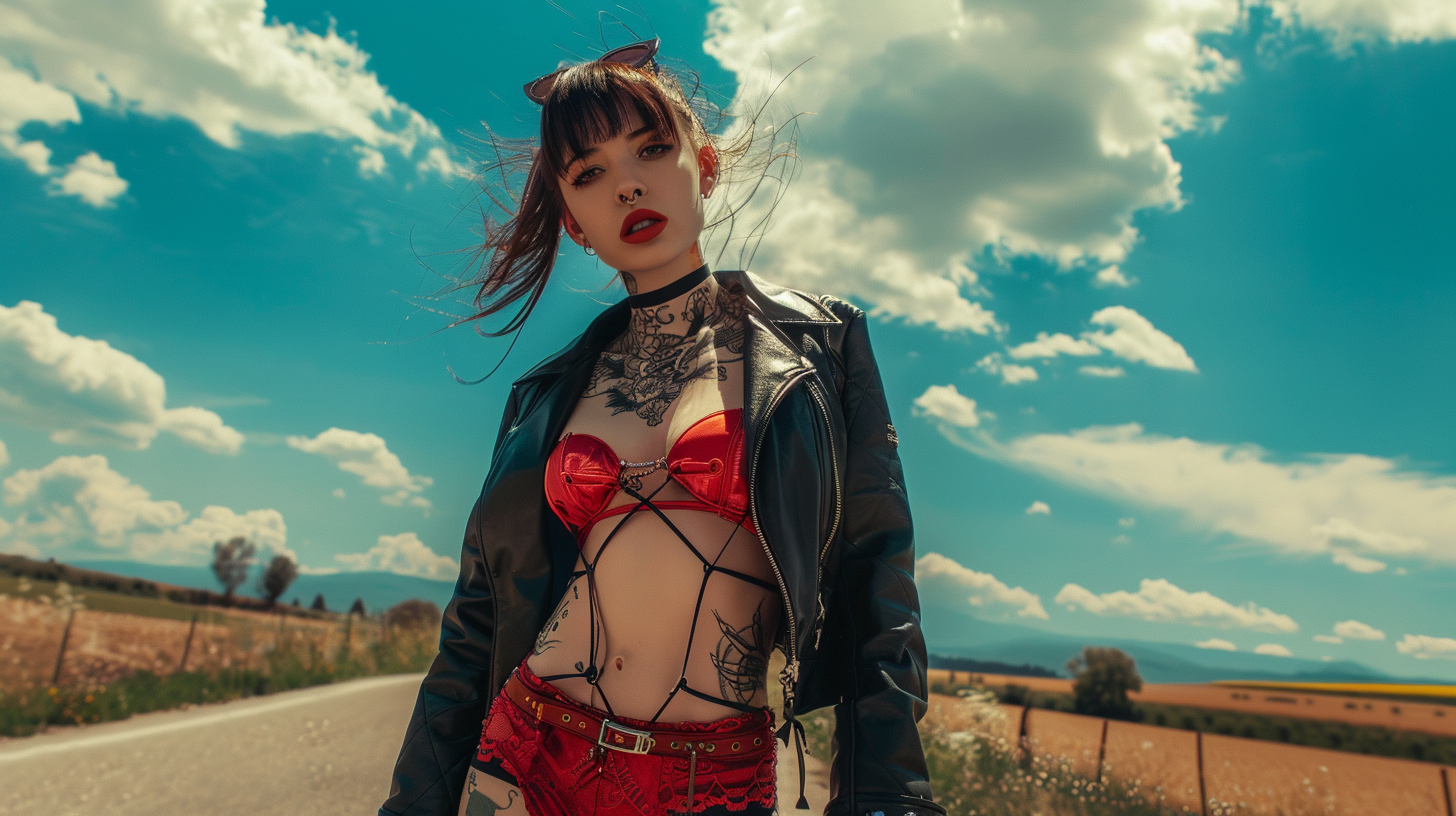 Woman in red latex dress