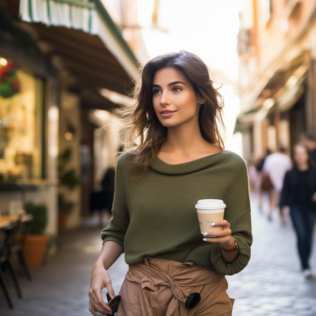 Fashionable Spanish woman in Italy with matcha