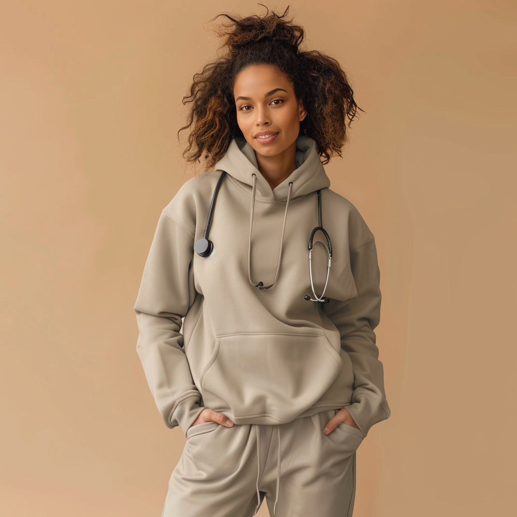 Stylish nurse in grey hoodie