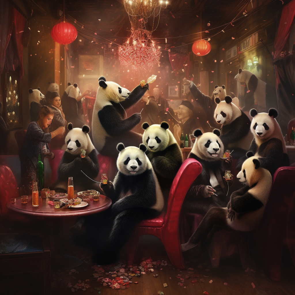 Fashionable pandas at a busy nightclub