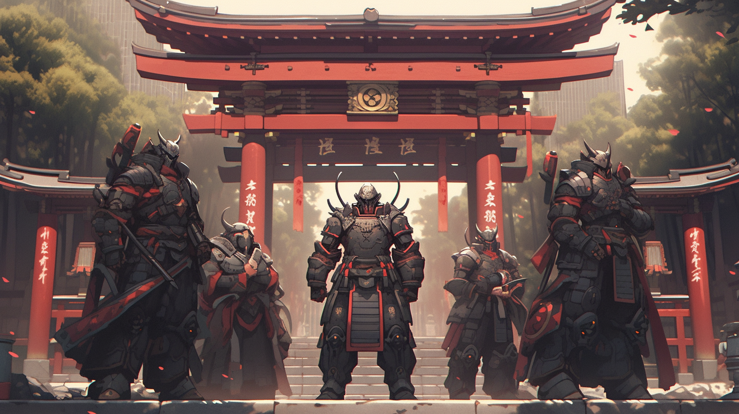 Fashionized samurai crew at a temple entrance