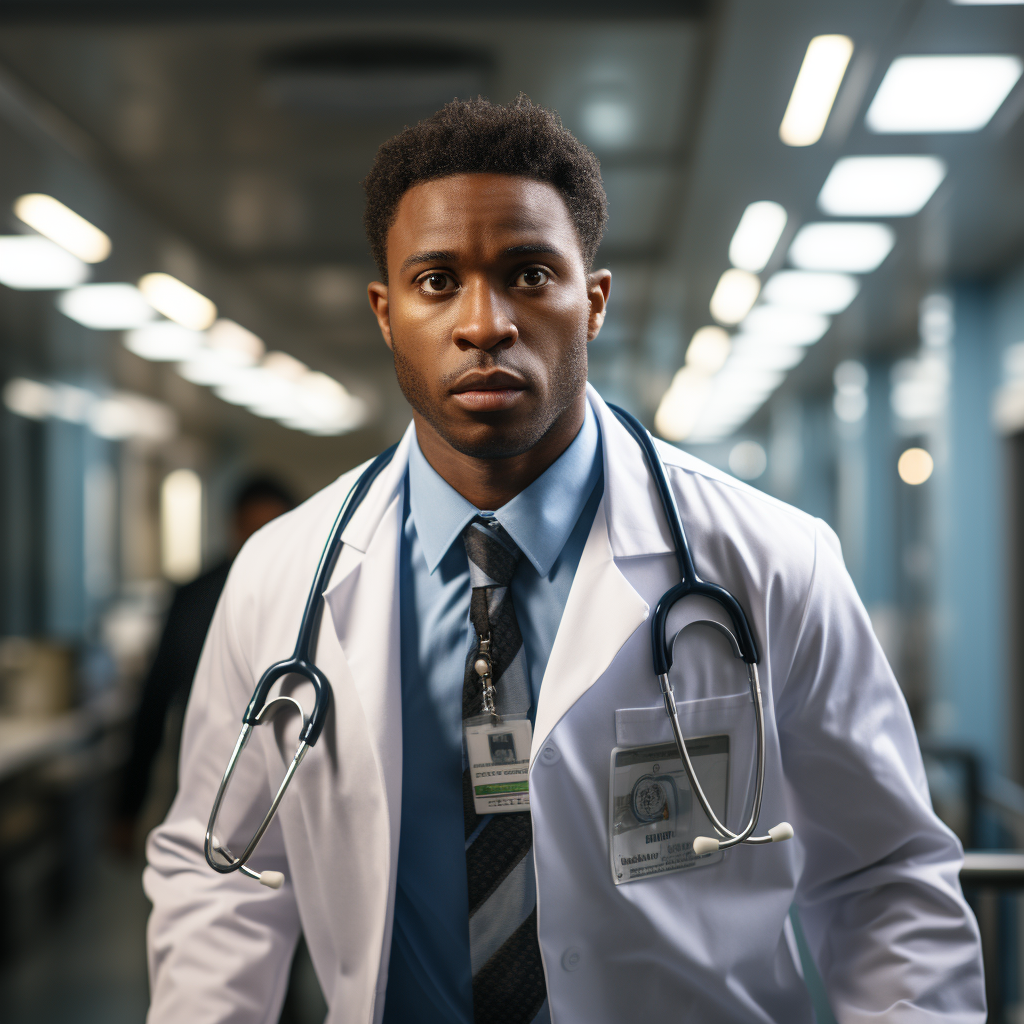 Fast Black Doctor Running in Empty Hospital Corridor