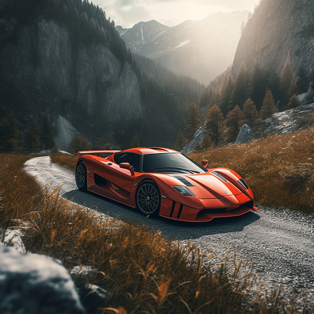 Fast car racing through stunning mountain scenery