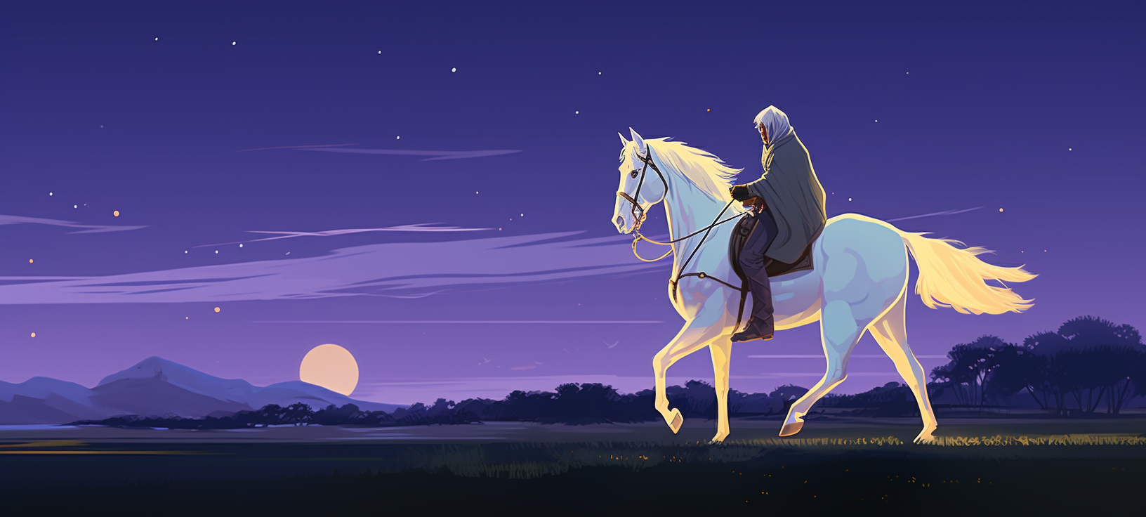 Man in white hooded cloak riding fast on horse