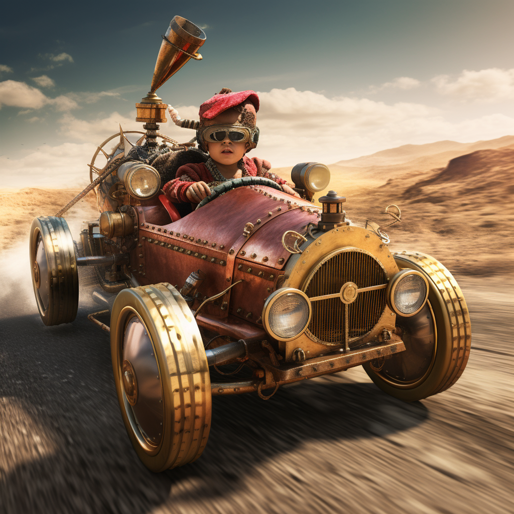 Vintage steampunk race car piloted by a child