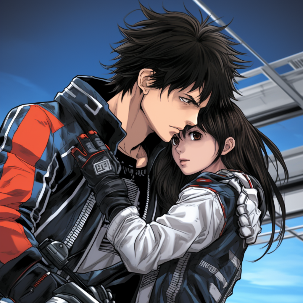 Energetic biker boy and his anxious waifu on a highway