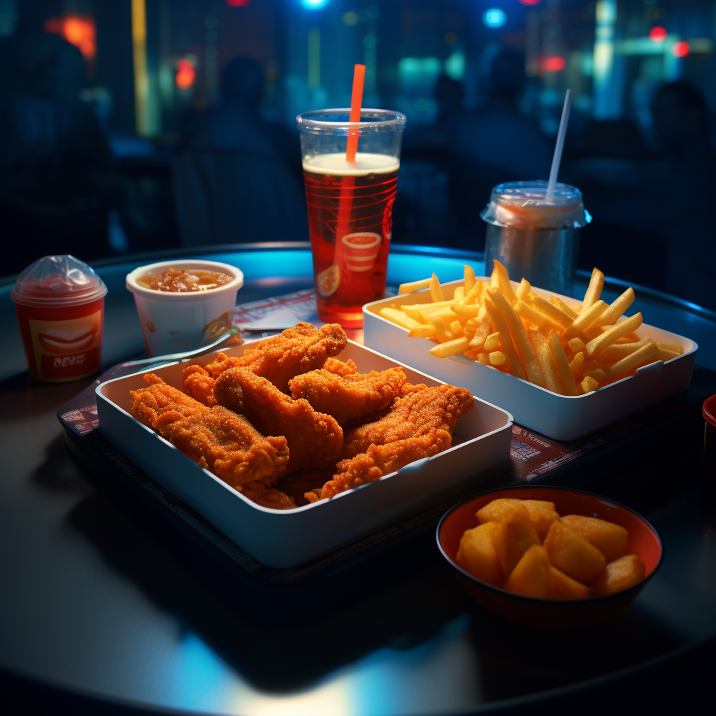 Delicious fast food tray with tenders, french fries, and a drink