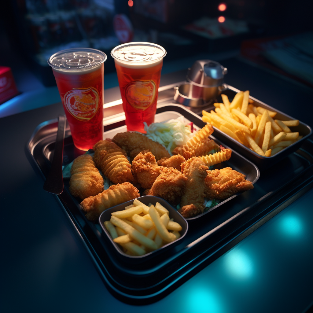 Tempting fast food tray with neon lighting