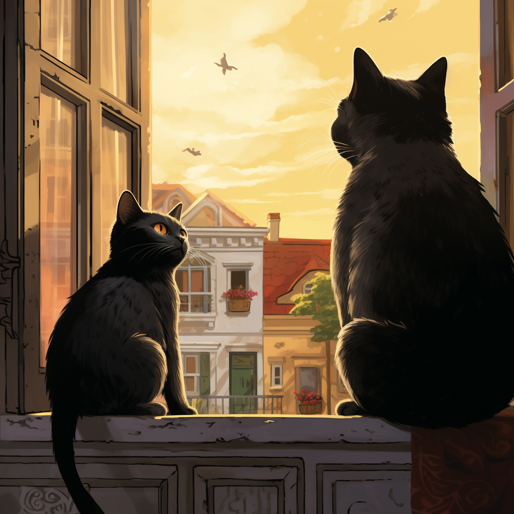 Illustration of Fat Black Cat Peering Out Window