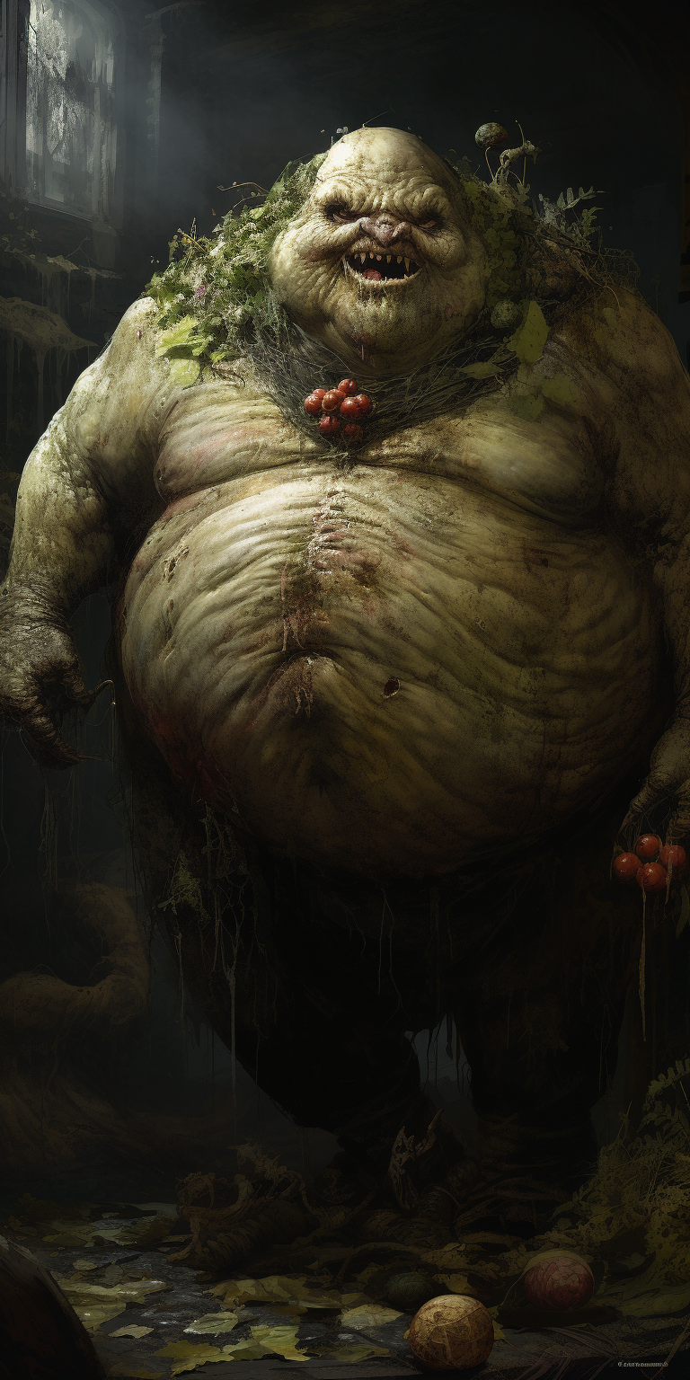 Fantasy art painting of a fat bloated zombie exploding