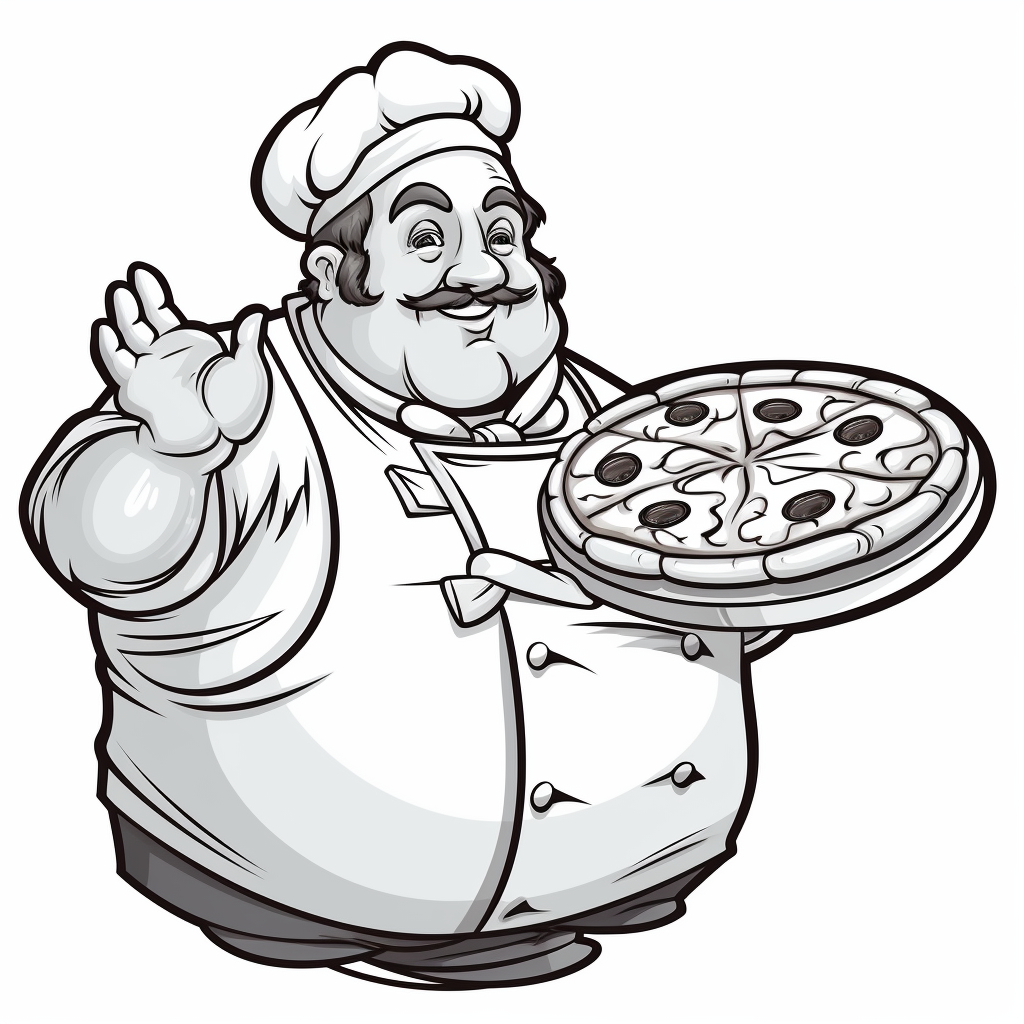 Fat chef holding pizza cartoon