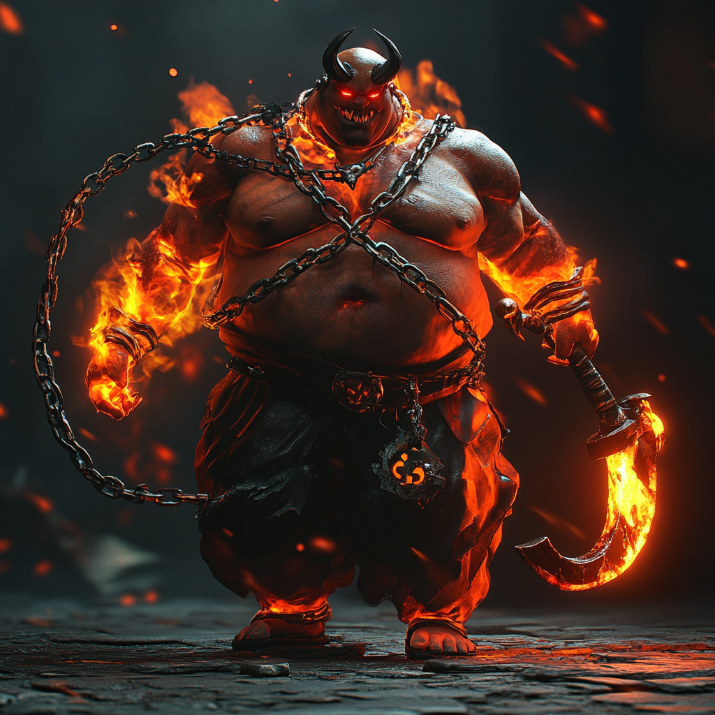 Fat demon on fire with cleaver