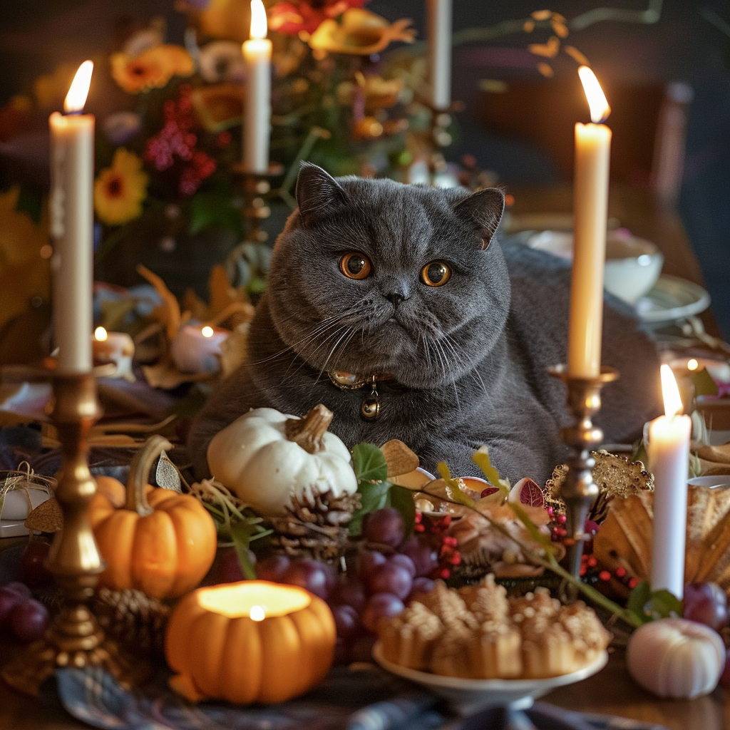 fat gray British shorthair cat feast