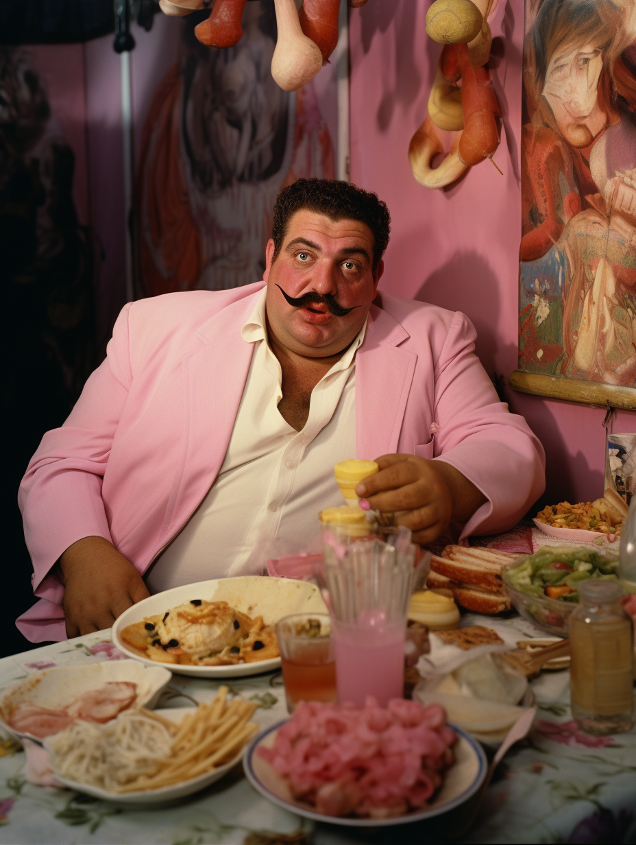 Fat Greek Man enjoying Greek delicacies