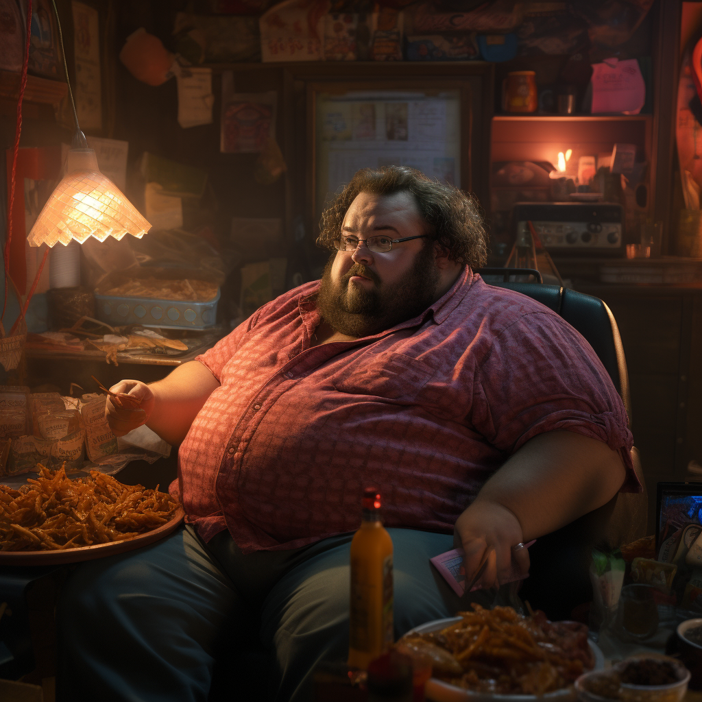 Image of a Funny Fat Guy with Neck Beard Smoking Cigarette and Eating Cheetos