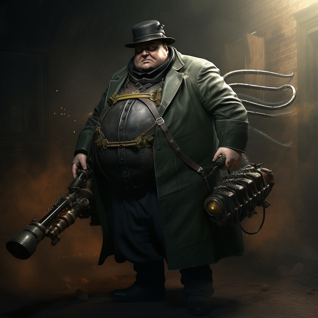 Fat man with centipede tail, army suit, and rocket launcher