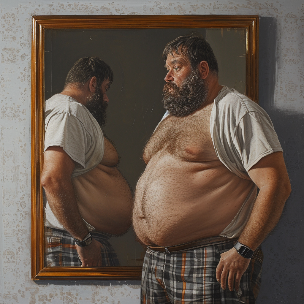 Fat Middle Aged Man Mirror Reflection