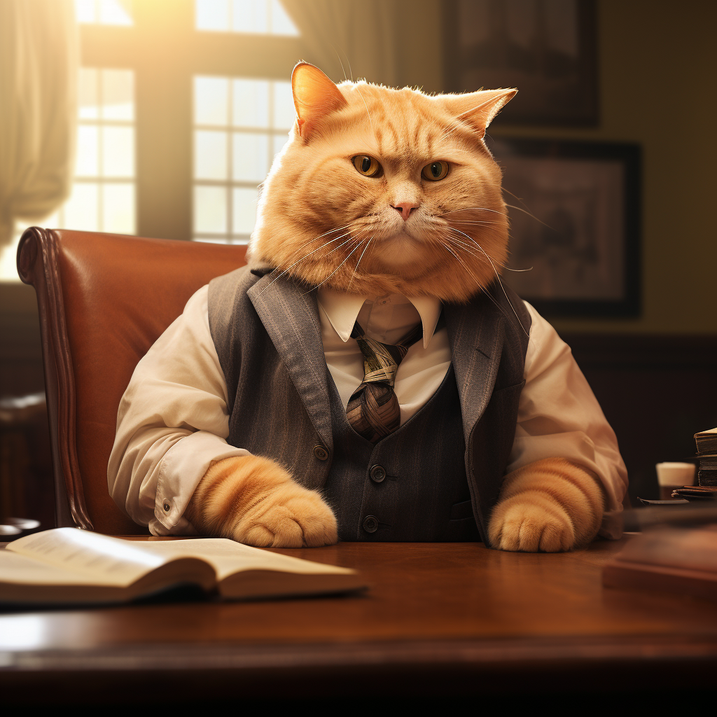 Adorable fat orange tabby cat in lawyer attire