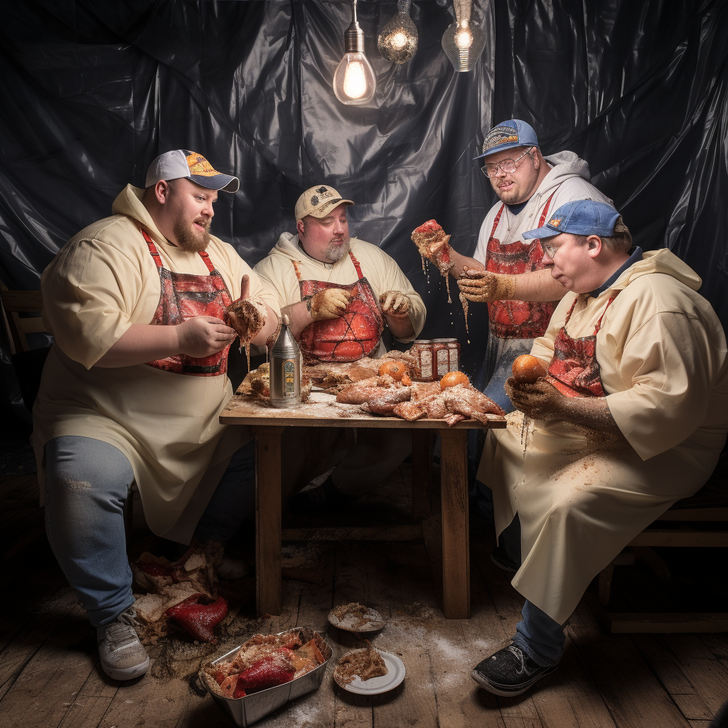 Fat rednecks enjoying greasy chicken feast