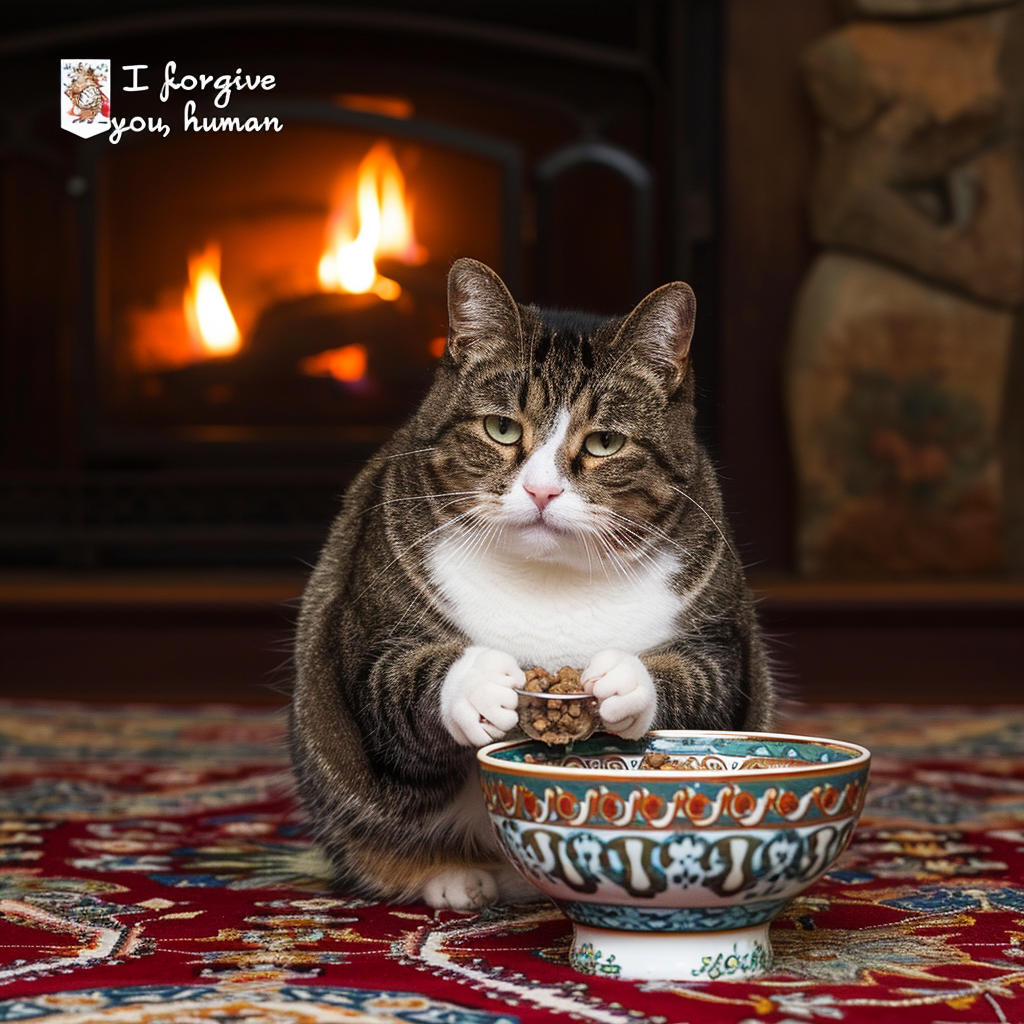 Fat Tabby Cat on Plush Luxury Carpet Eating Kibble