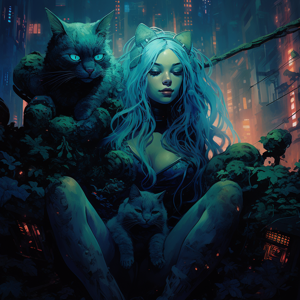 Fat woman with long turquoise hair in a cyberpunk city