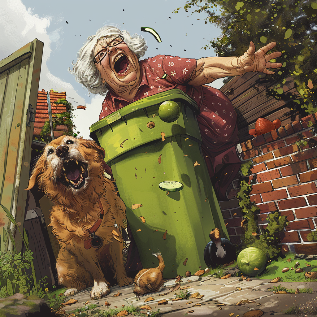 Fat lady laughing throwing cucumber dog surprised