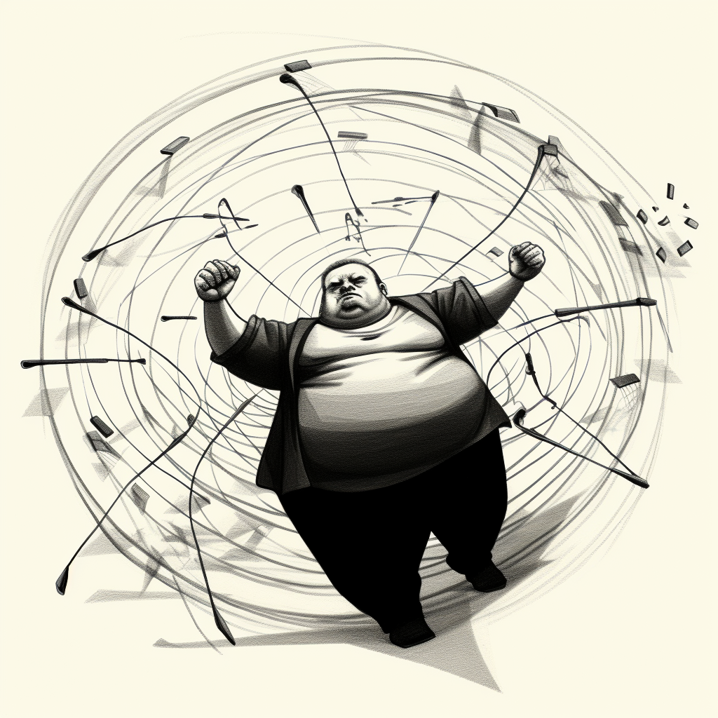 Line drawing of a fat man contorting around arrows