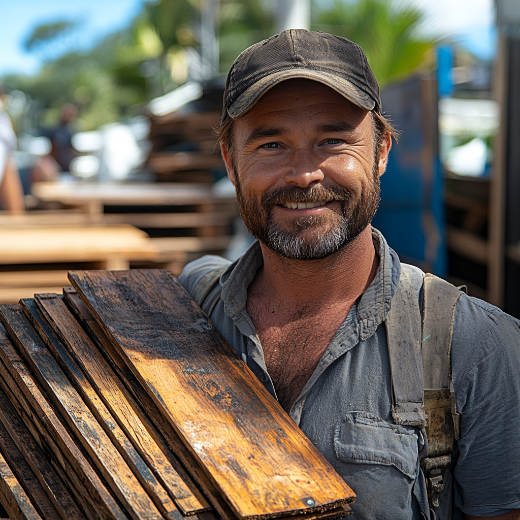 Redheaded man carrying wooden planks