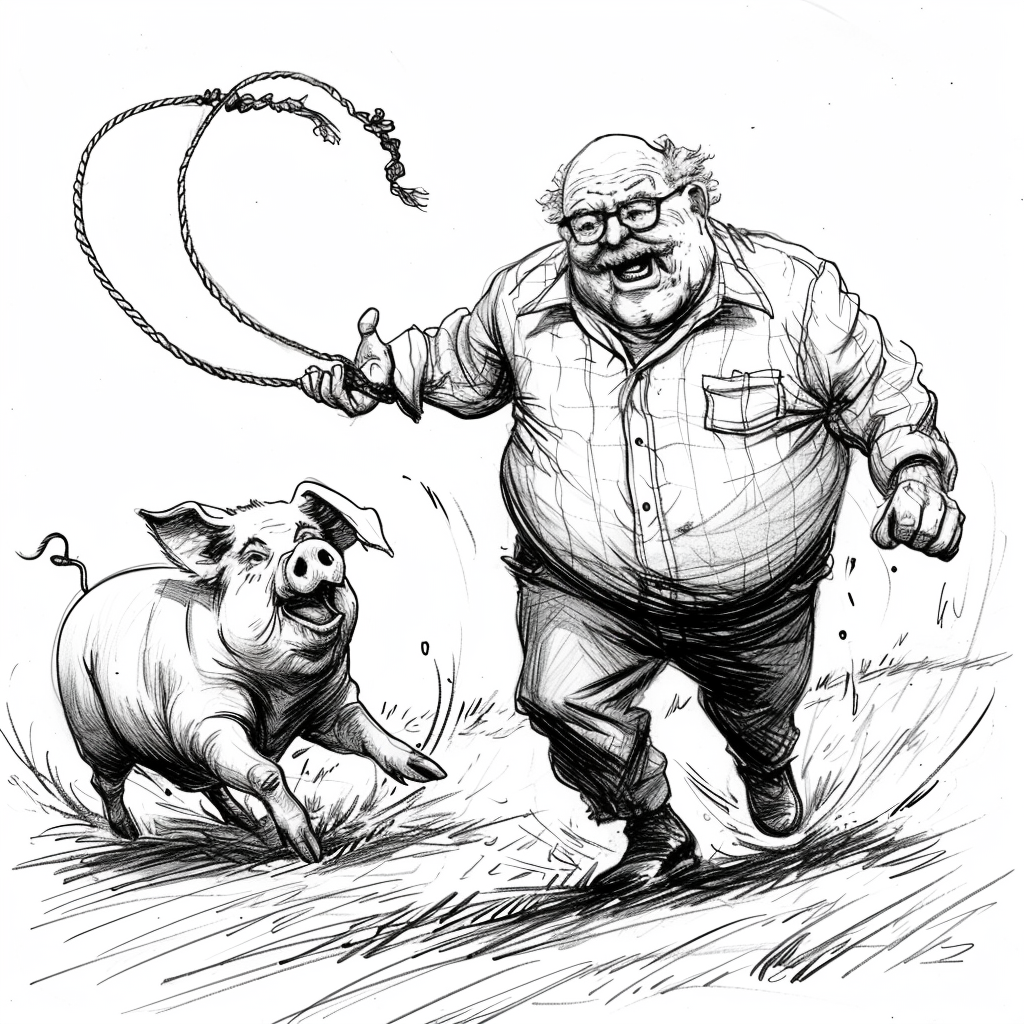 Fat Old Man Running to Catch Pig