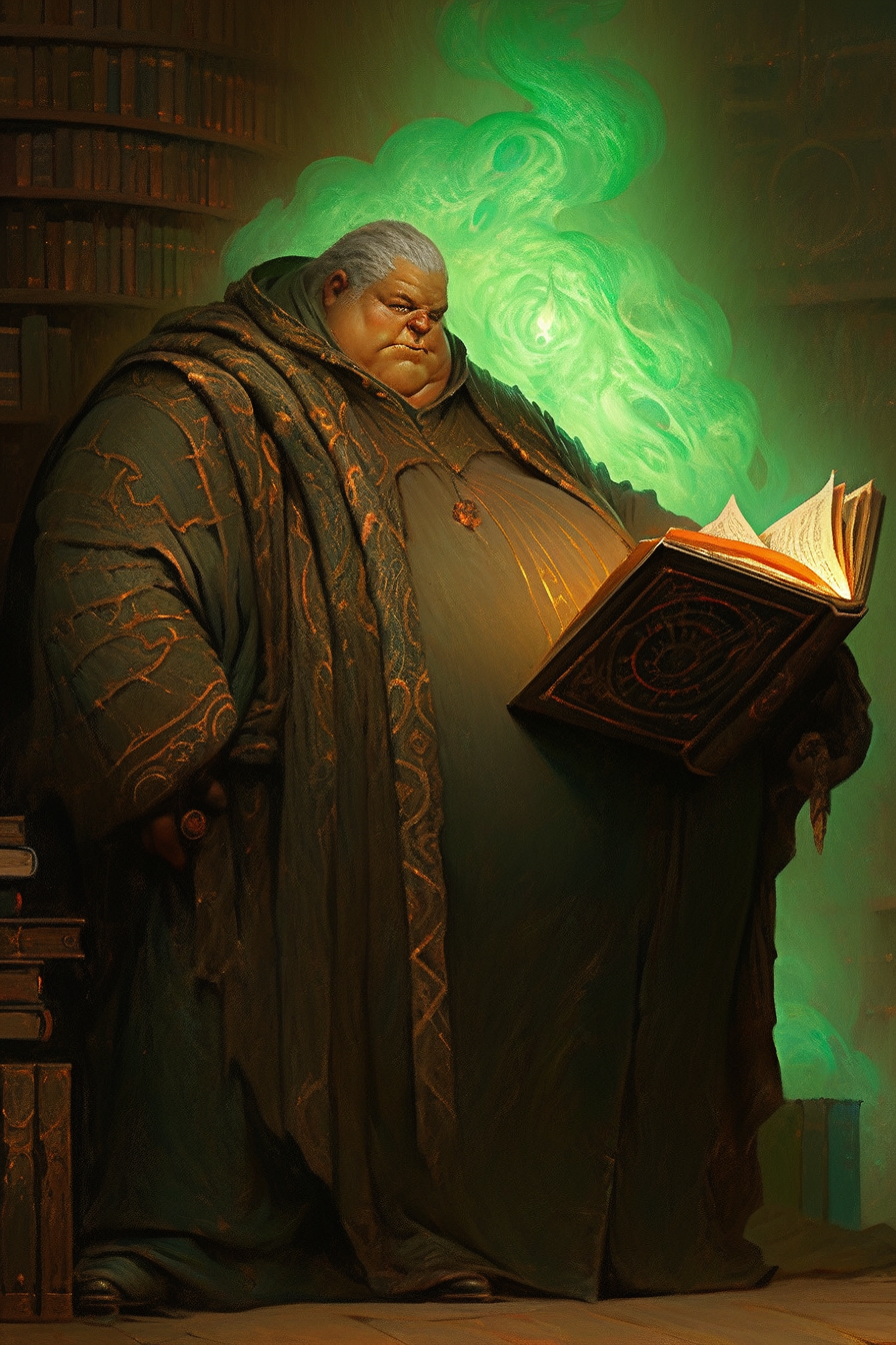 Fat wizard reading old books