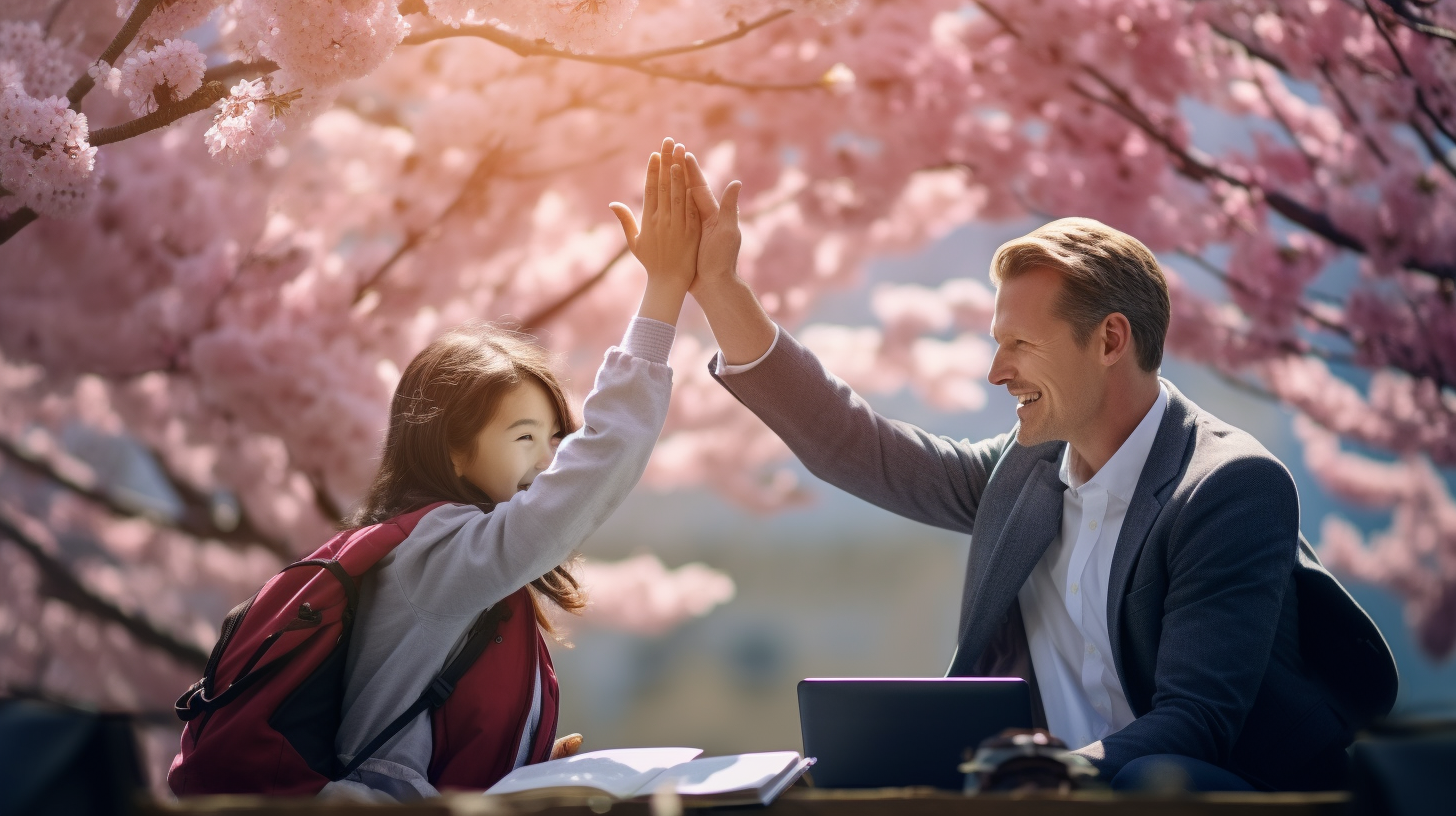 Father and daughter high five over completed homework