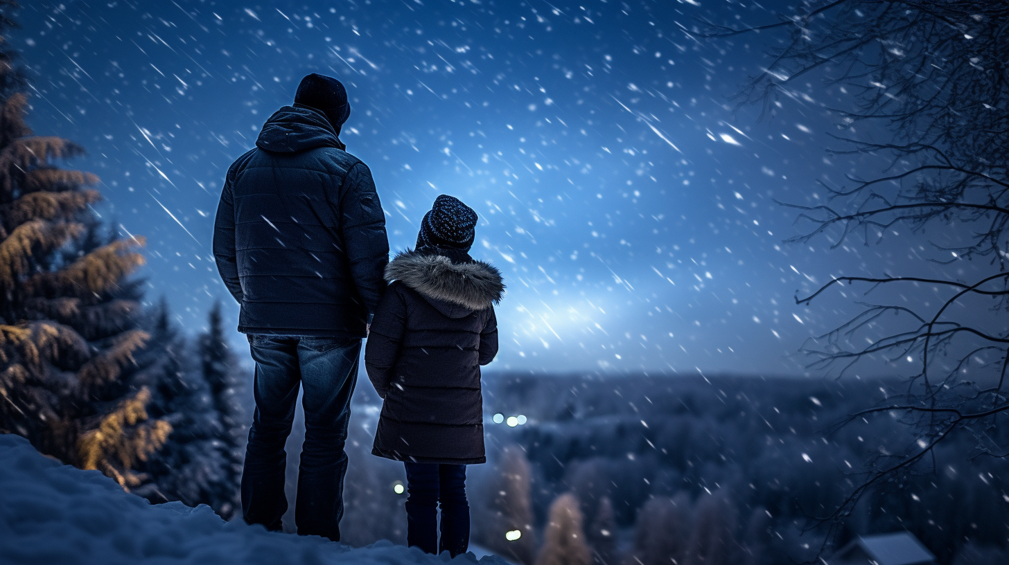 Father and daughter stargazing in winter night