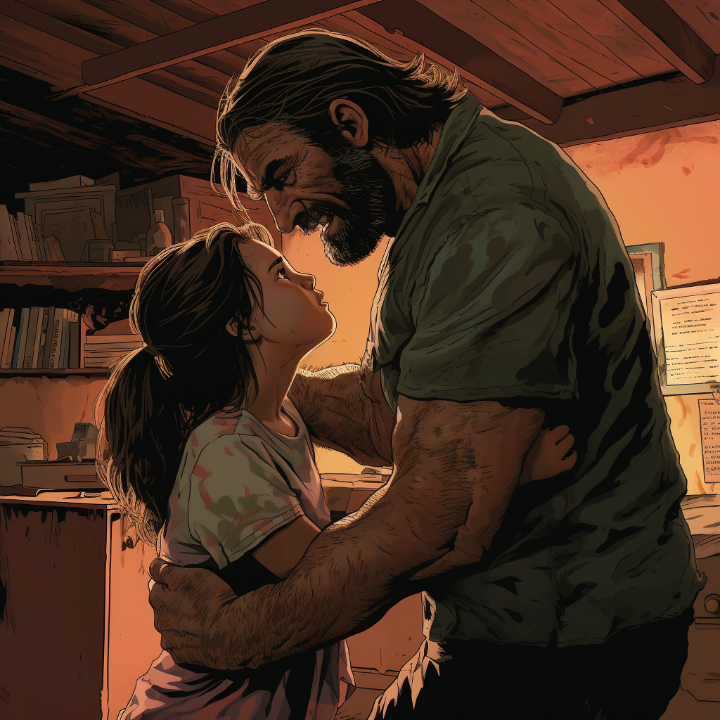 Father and daughter wrestling in graphic novel