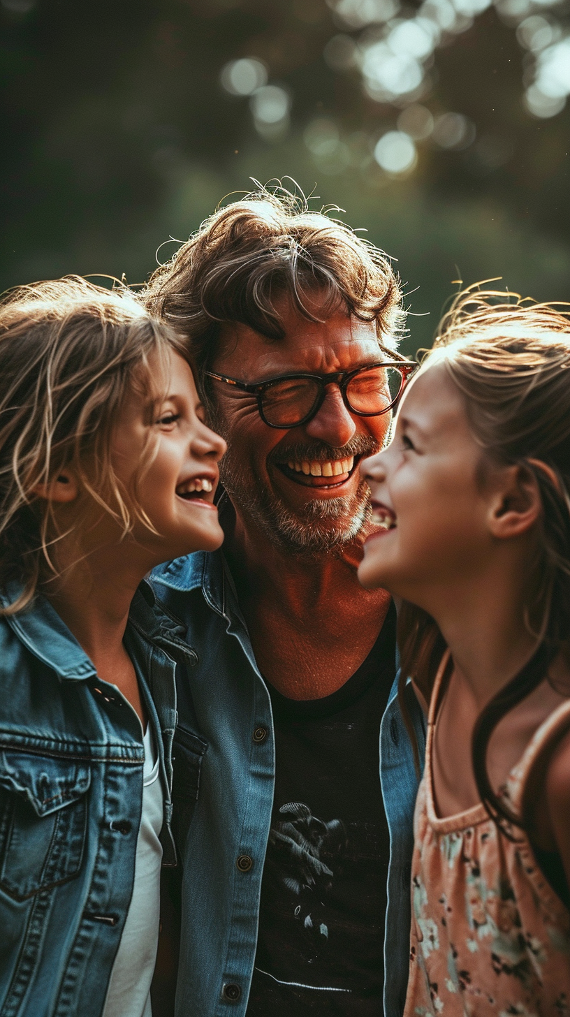 Father laughing with his two daughters