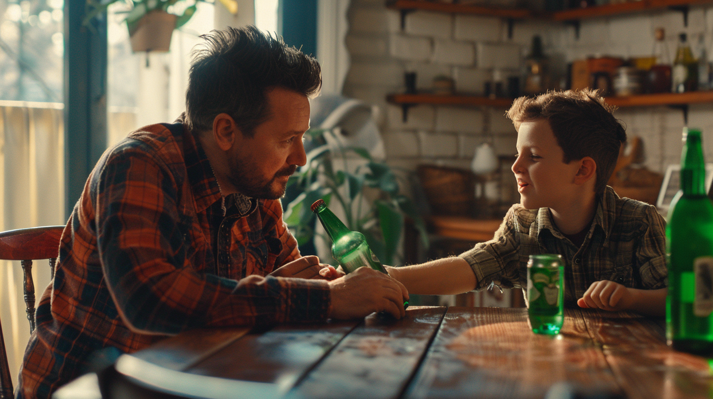 Father and Son Playing with Green Bottle