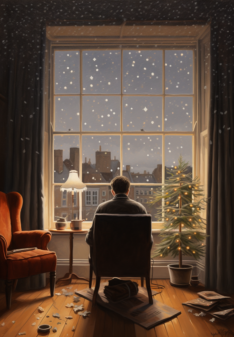 Father praying in living room on New Year's Eve