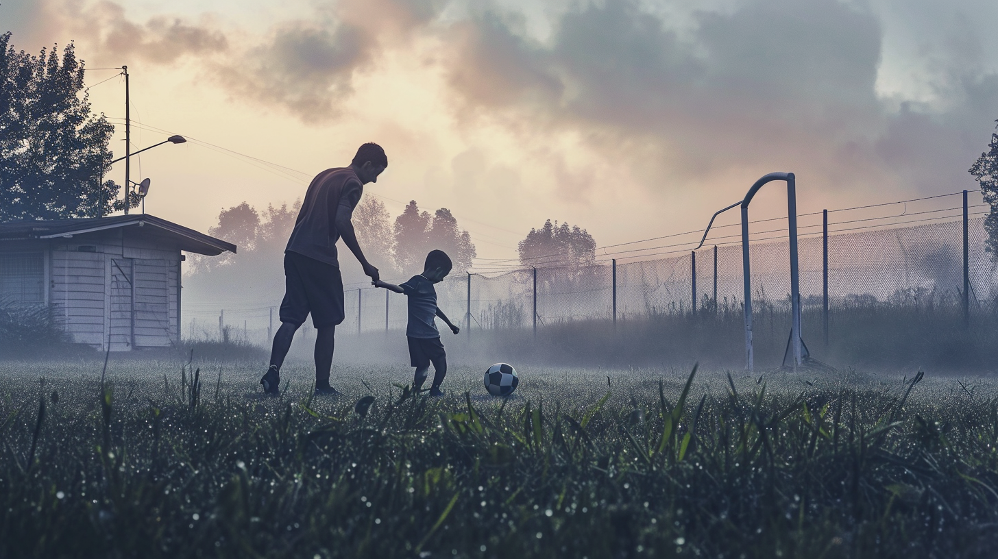 Father teaching son football in surreal atmosphere