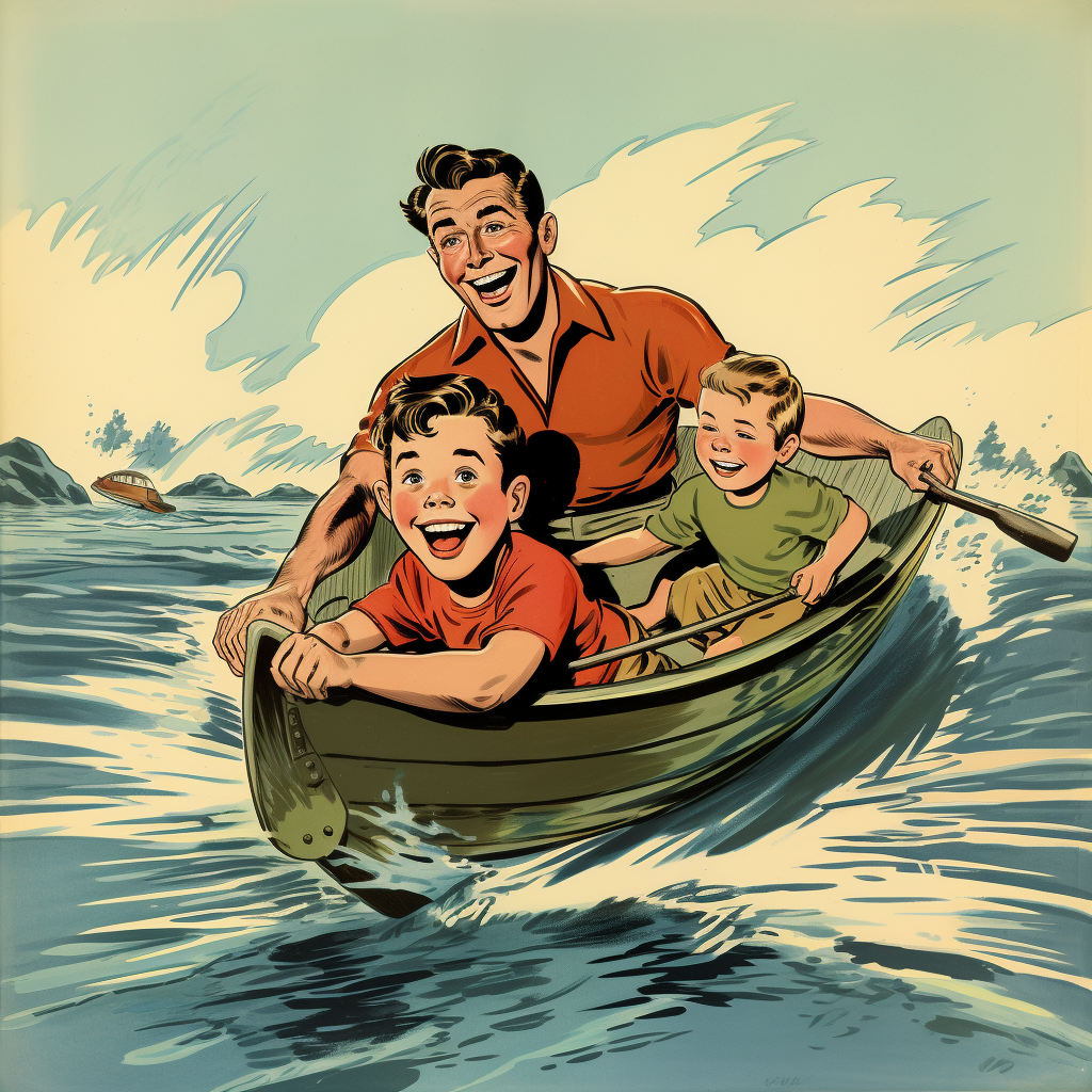 Cartoonish vintage comicbook illustration of father and son in an inflatable boat