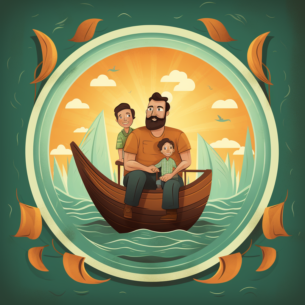 Cartoonish vintage image of father and son in inflatable boat