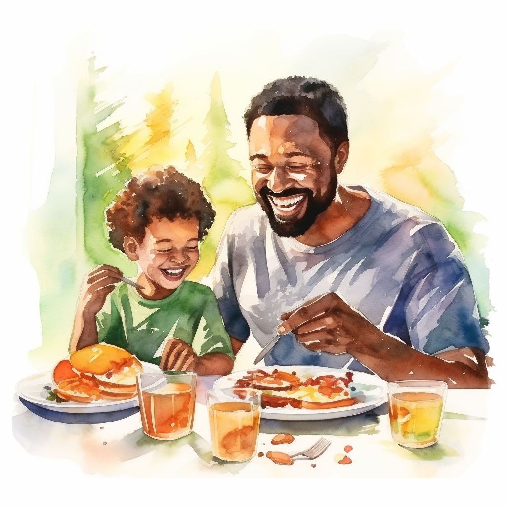 Cartoon illustration of diverse father and son eating breakfast