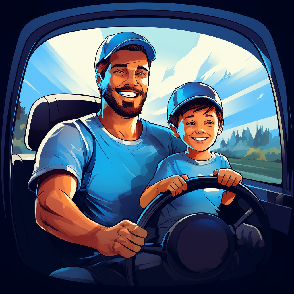 Father and son in car cartoon image